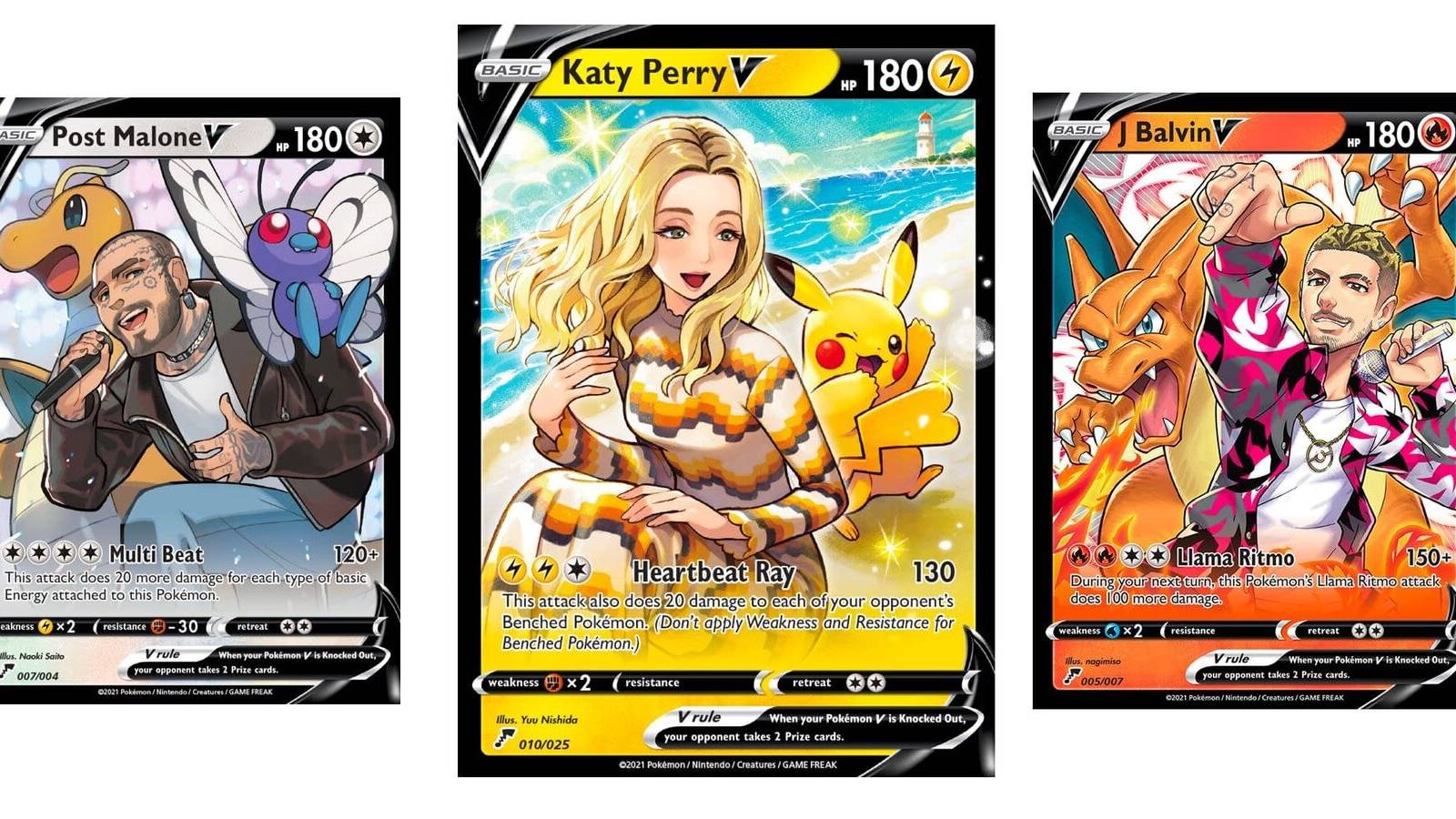 Pokemon V cards featuring Post Malone, Katy Perry and J Balvin