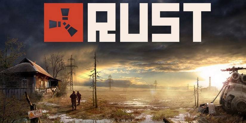 An image from Rust showing a dilapidated wasteland with the game's logo at the top.