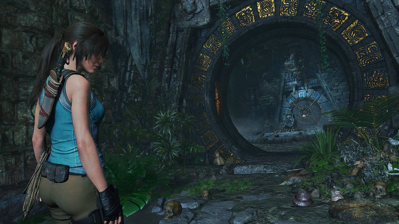 Image from Shadow of the Tomb Raider showing Lara about to enter an open tomb.