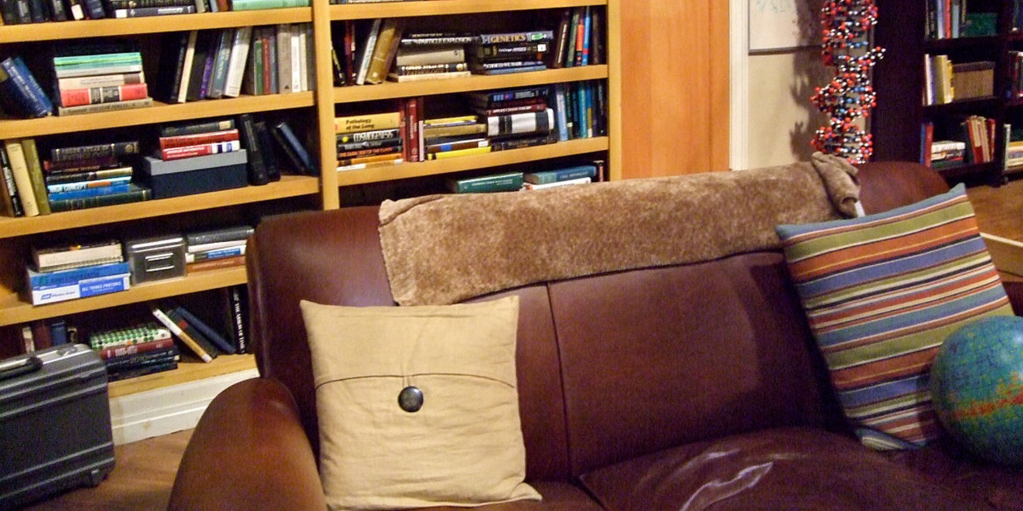A close-up of Sheldon's favorite spot on the couch in The Big Bang Theory