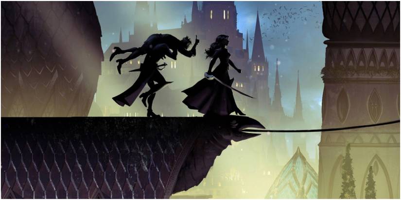 Dragon Age 4 concept art of someone sneaking behind a woman on a roof. 