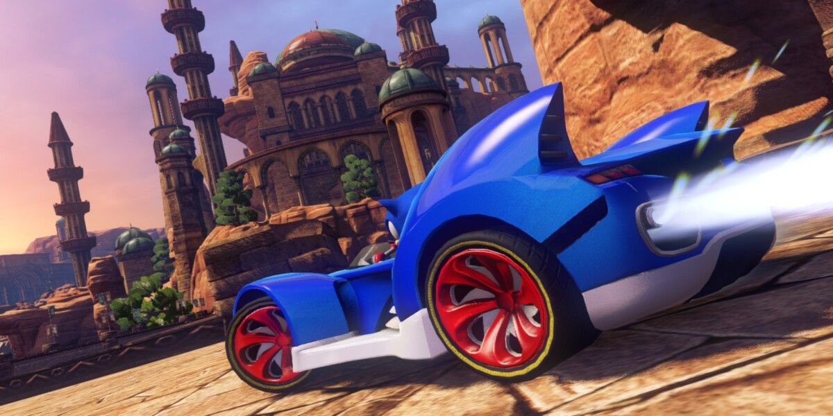 Side view of Sonic racing in a car