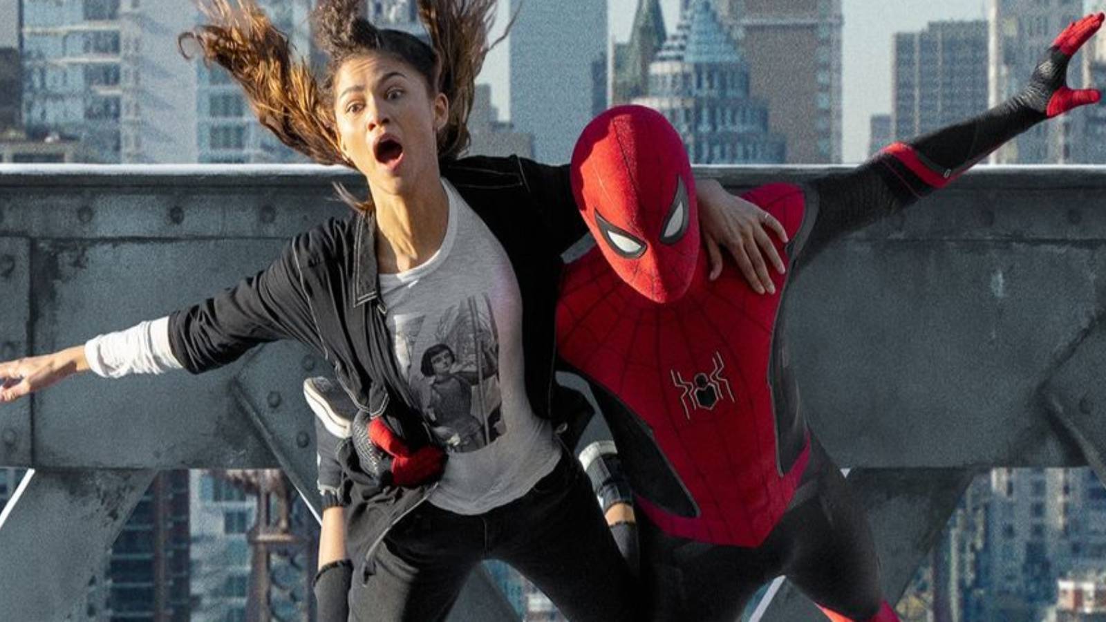 Spider-Man carries MJ while swinging on webs in Spider-Man: No Way Home