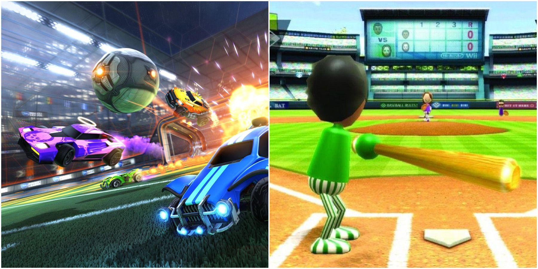 (Left) Rocket League cars chasing ball (Right) Batter at base in Wii Sports