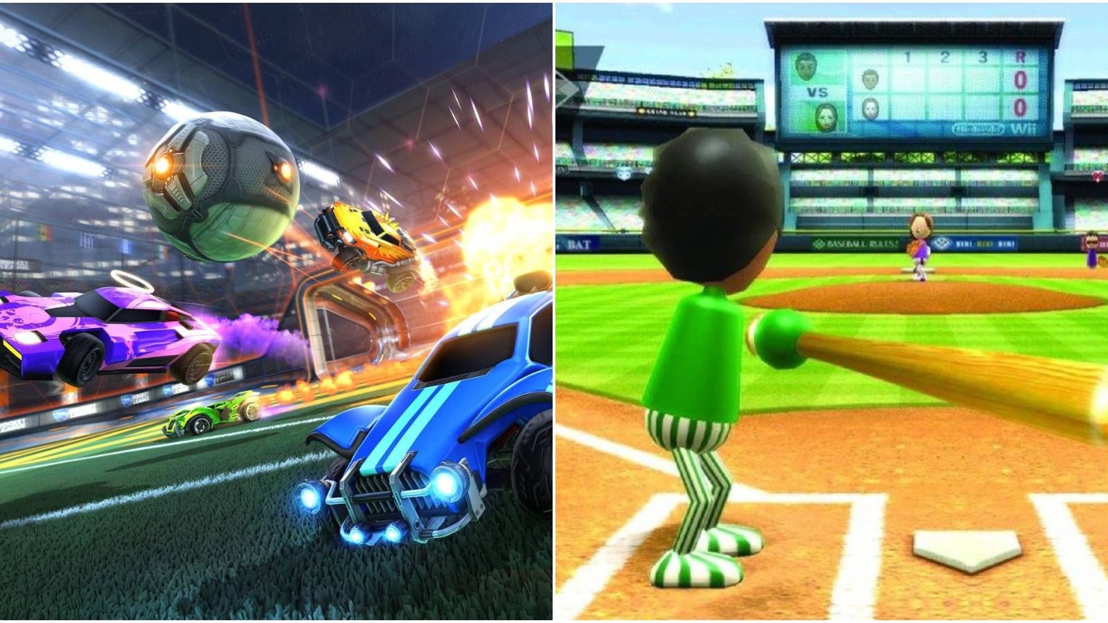 (Left) Rocket League cars chasing ball (Right) Batter at base in Wii Sports