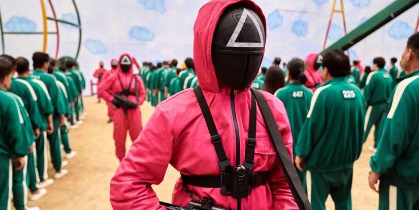 Squid Game staff looking at others with guns. 