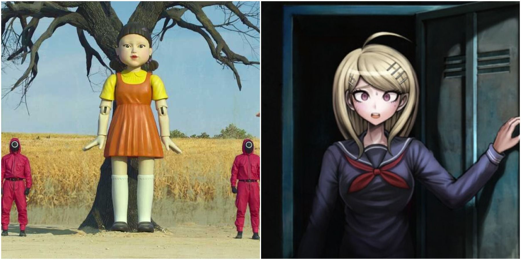 Split image of doll from Squid Game and female protagonist from Danganronpa V3.