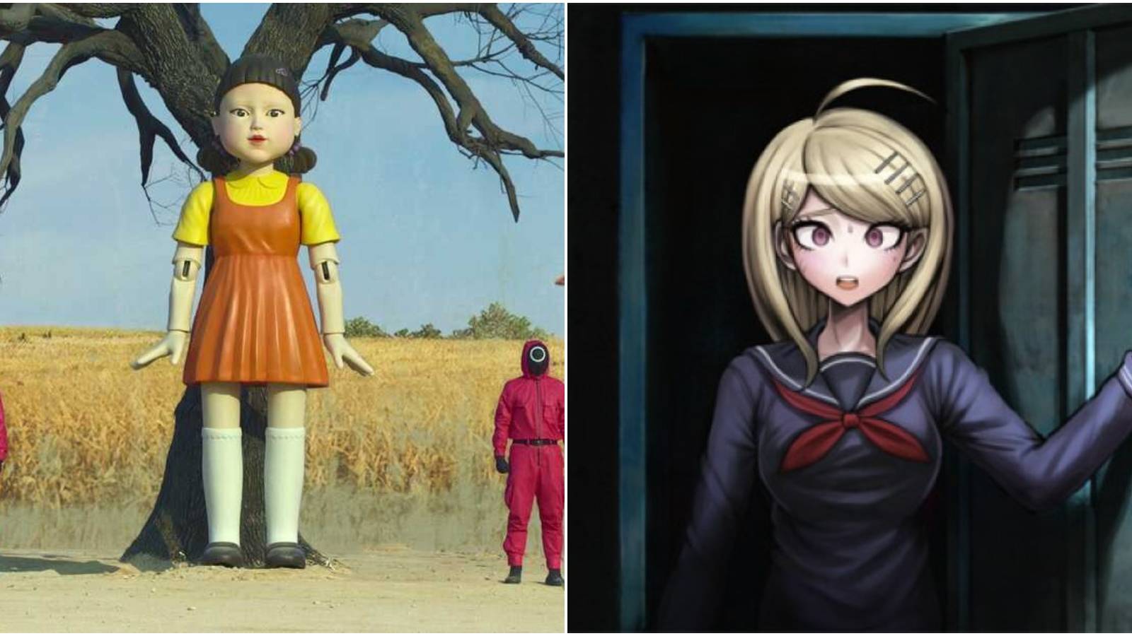 Split image of doll from Squid Game and female protagonist from Danganronpa V3.