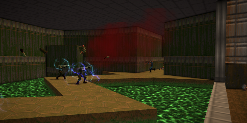 Screenshot from "DoomFront" which shows players in Star Wars: Battlefront 2 fighting each other in Doom's E1M1 map.