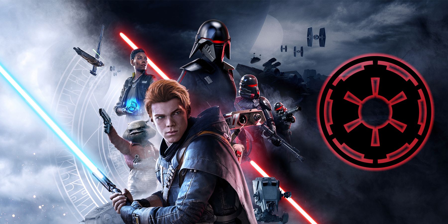 Banner art for Star Wars Jedi: Fallen Order featuring Cal Kestis and the Second Sister with an Empire insignia on the right-hand side.