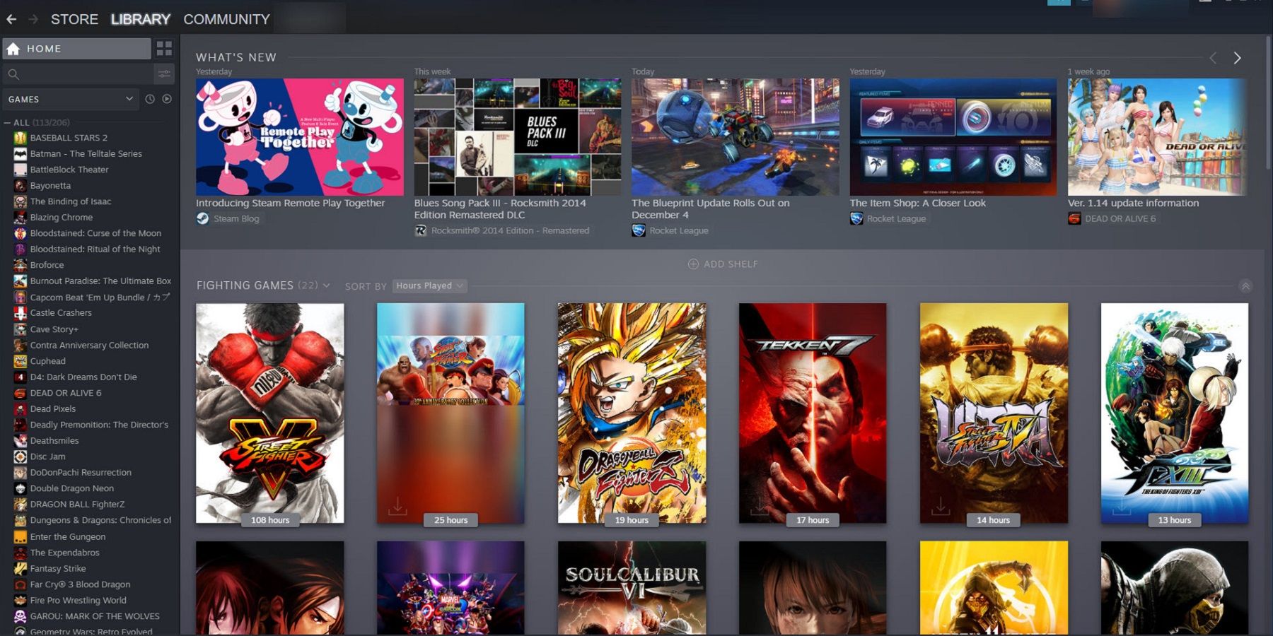 A screenshot showing a bunch of games on Steam, including Tekken 7, and Soul Calibur 6.