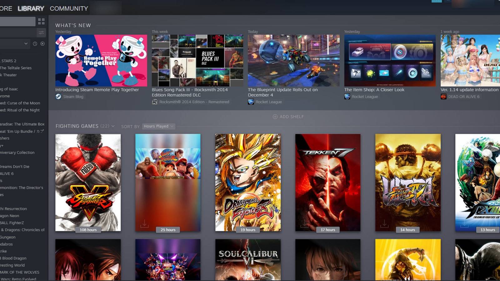 A screenshot showing a bunch of games on Steam, including Tekken 7, and Soul Calibur 6.