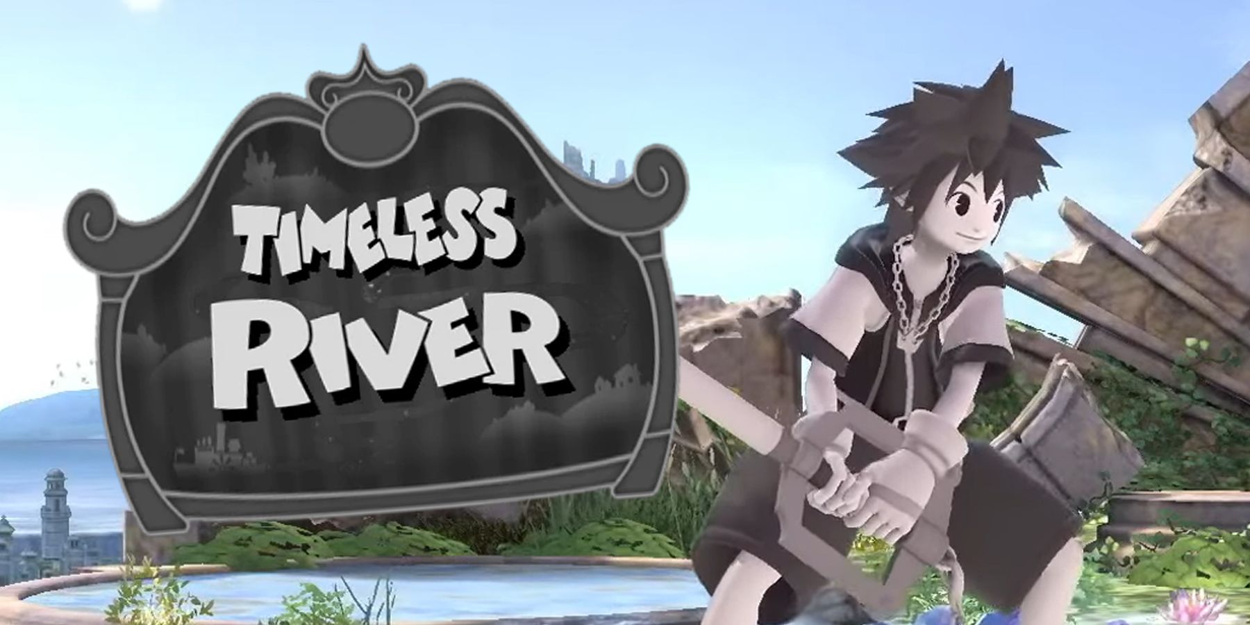 Sora and his Timeless River design as it appears in Super Smash Bros. Ultimate next to the Timeless River world's logo.