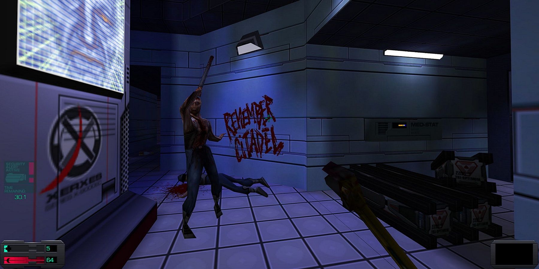 A screenshot from System Shock 2 showing a zombie brandishing a weapon down a hallway.