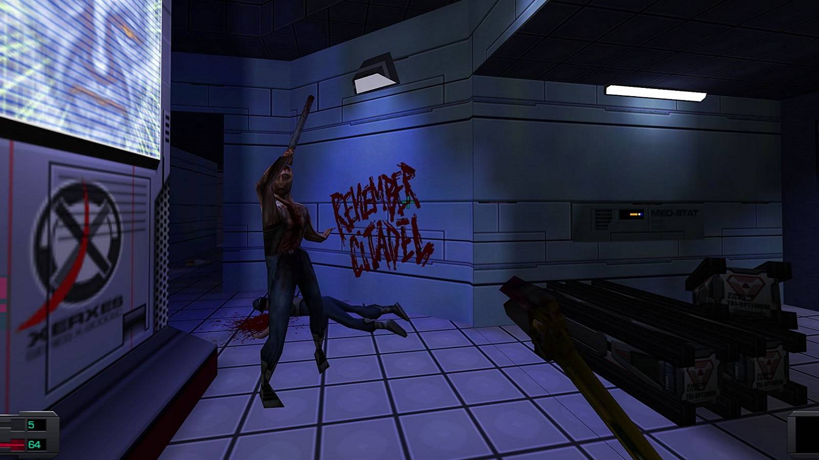 A screenshot from System Shock 2 showing a zombie brandishing a weapon down a hallway.