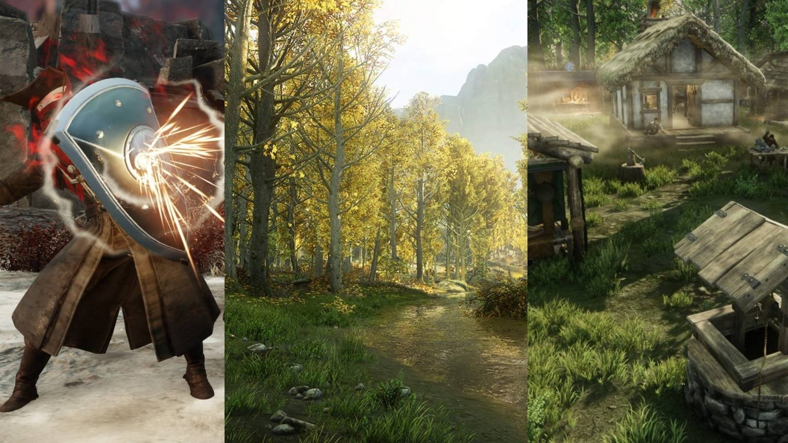 title image new world split image player with shield river in the woods, village well and cottage