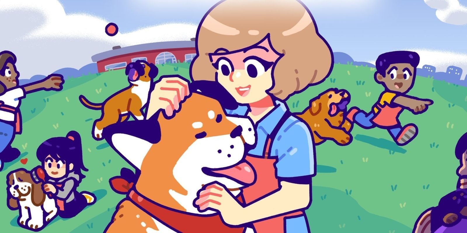 Game art of characters interacting with dogs. 