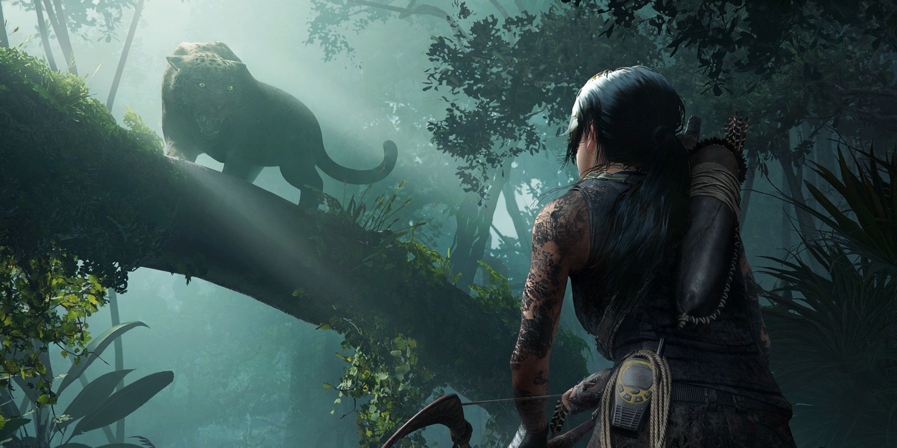 Image from Shadow of the Tomb Raider showing Lara Croft facing off against a leopard/cheetah.