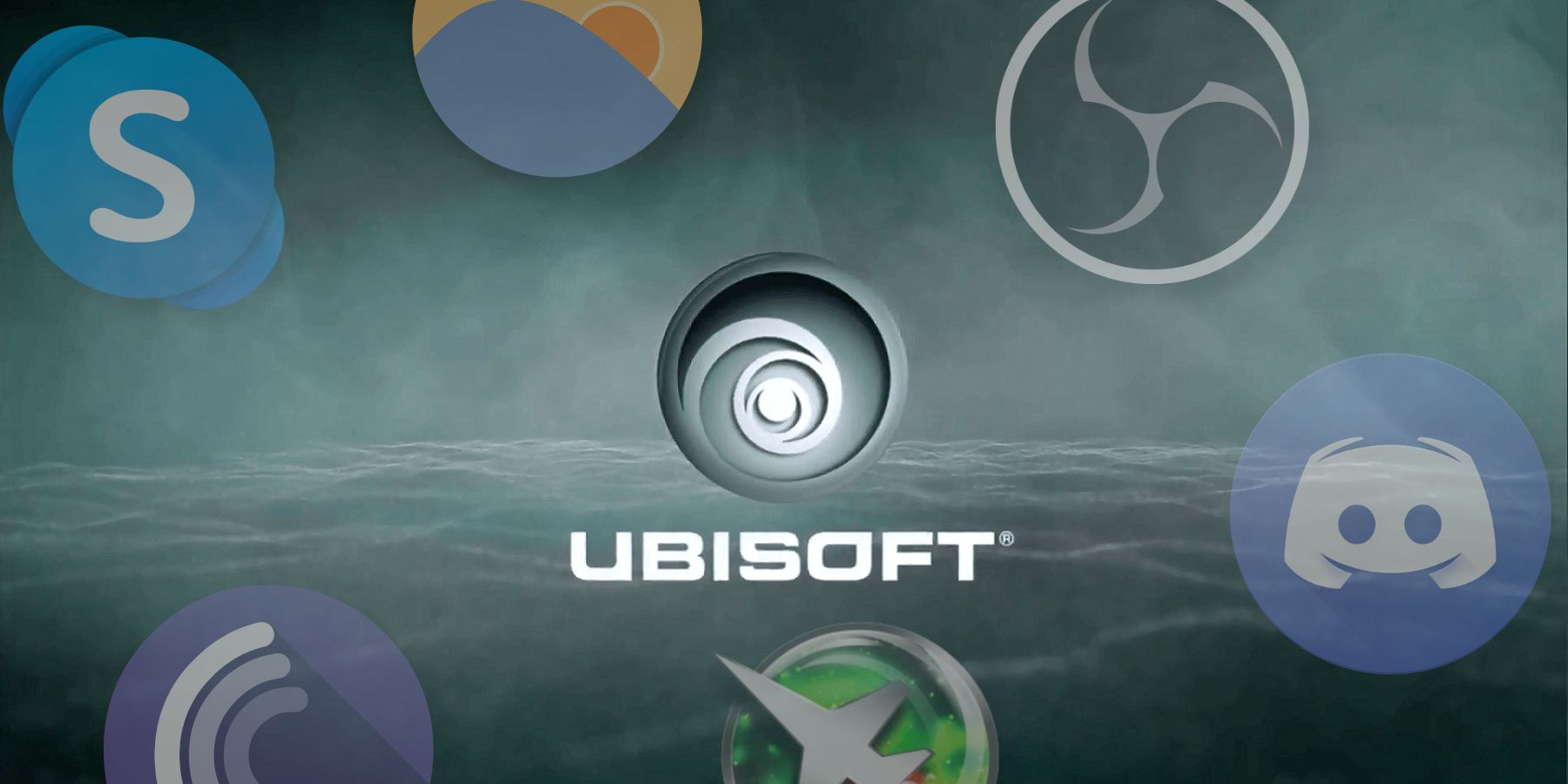 The Ubisoft logo on a smoky background with the logos of third party software floating around.