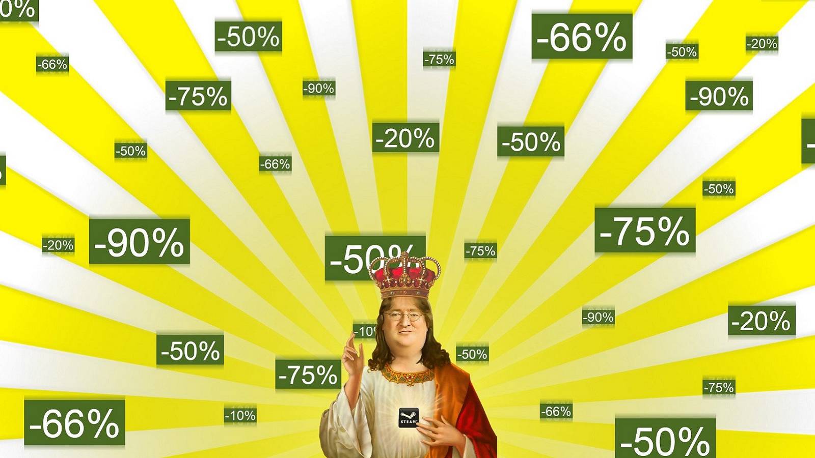 An image showing Valve CEO Gabe Newel in regal clothes with Steam sale prices floating about him.