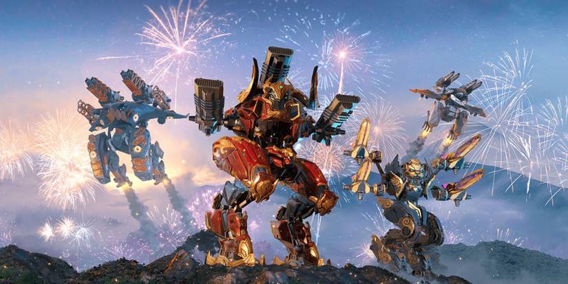 A group of bots huddled together in the video game War Robots.