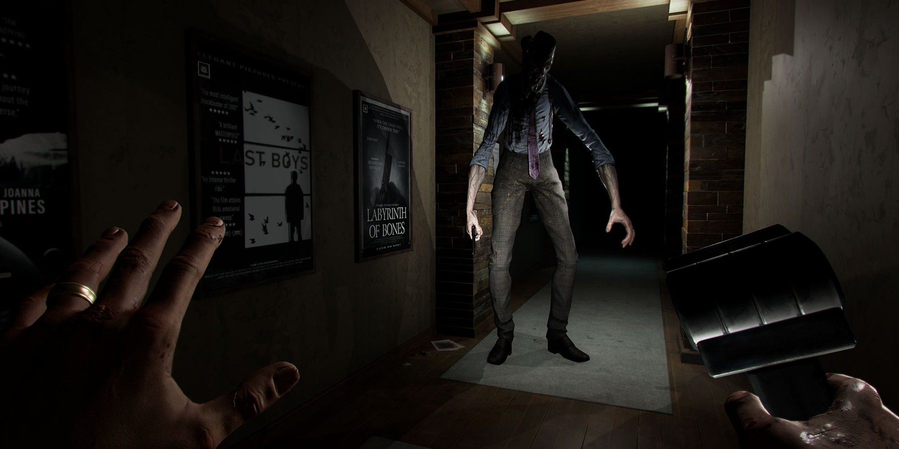 Man monster with long arms in dark hallway. 