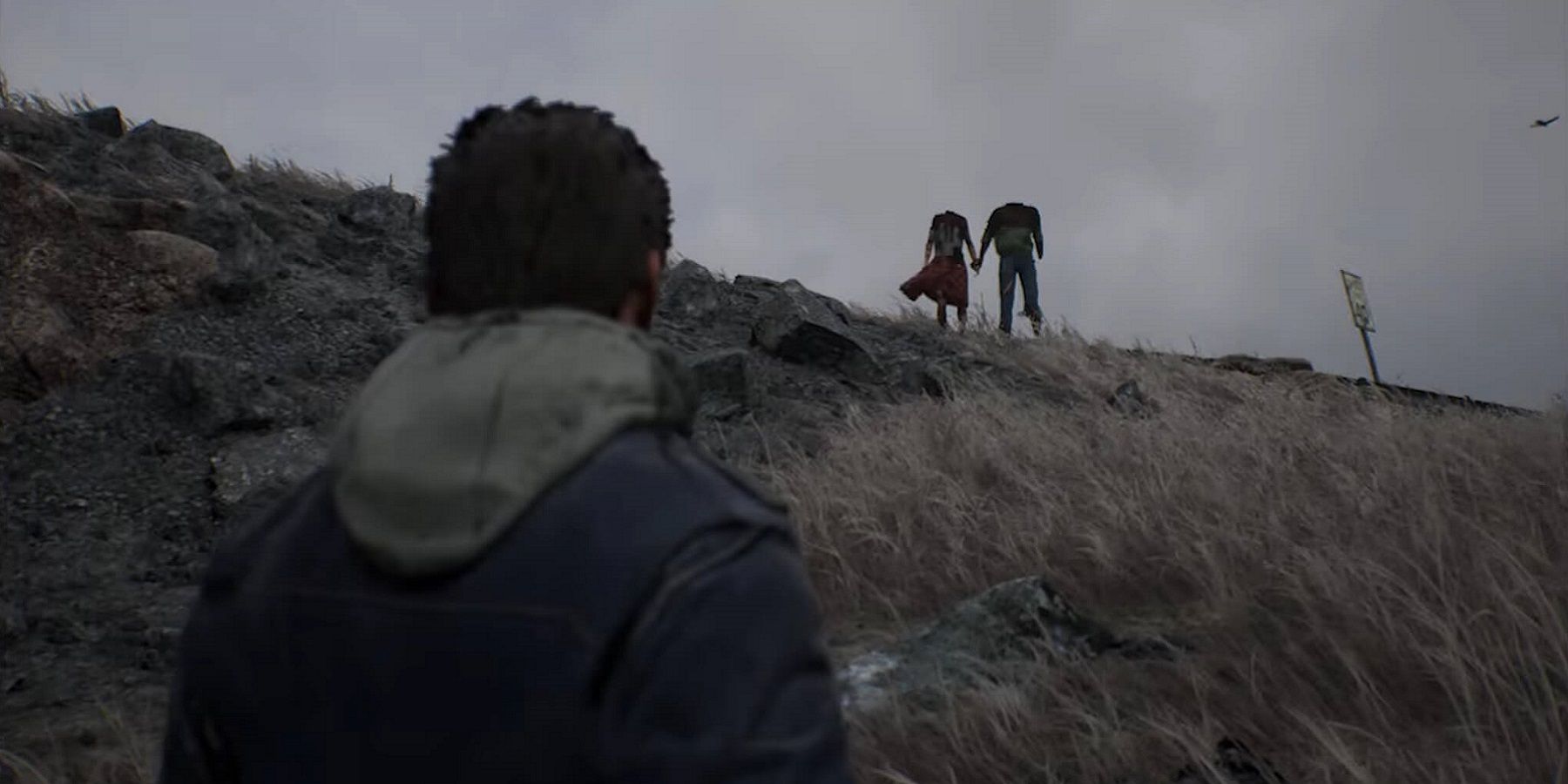 Screenshot from upcoming horror game Wronged Us showing a guy looking up at a hill and seeing two headless people.