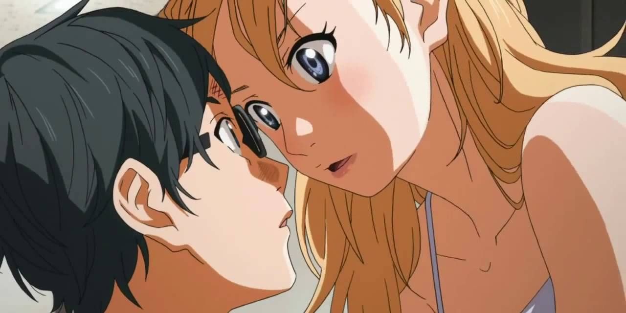 Kousei and Kaori shown together, staring into each other's eyes