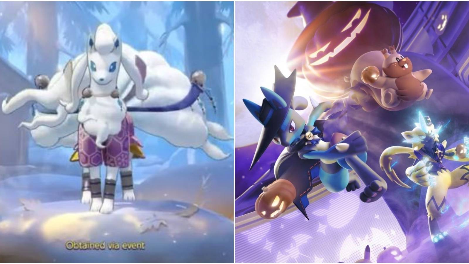 Split image of Ninetales and Lucario wearing holowear.