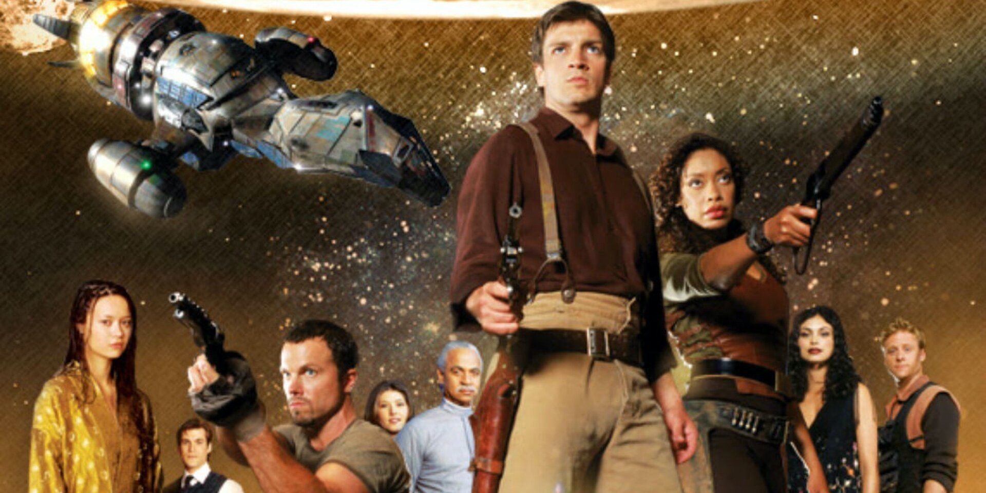 Firefly series cast and Captain Mel Reynolds (Nathan Fillion)
