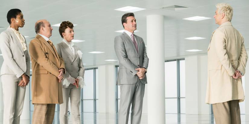 Sheen as Aziraphale standing in front of Hamm as Gabriel in front of angels