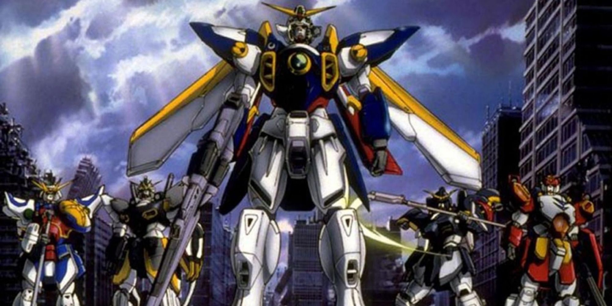 Promo art featuring the five main Gundams of Gundam Wing
