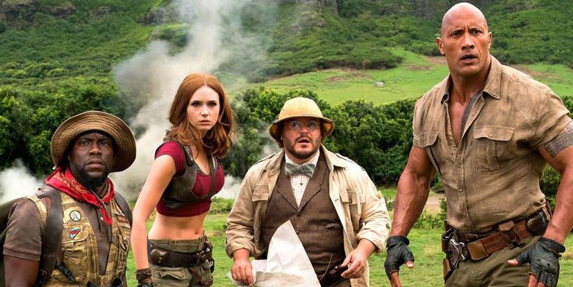 Jumanji with Dwayne Johnson, Jack Black, and Karren Gillian