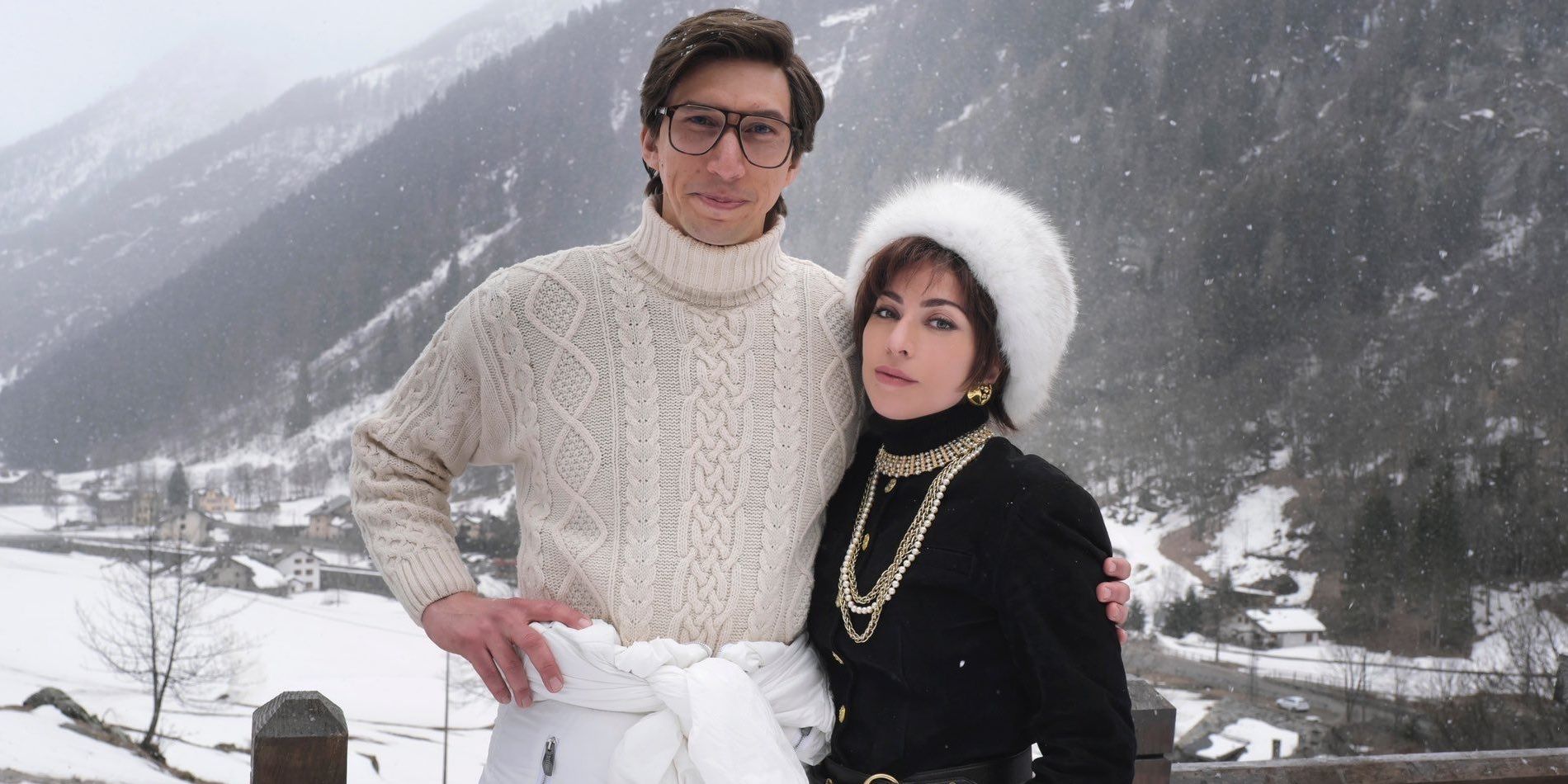 Adam Driver and Lady Gaga at a cabin in the snow in House of Gucci