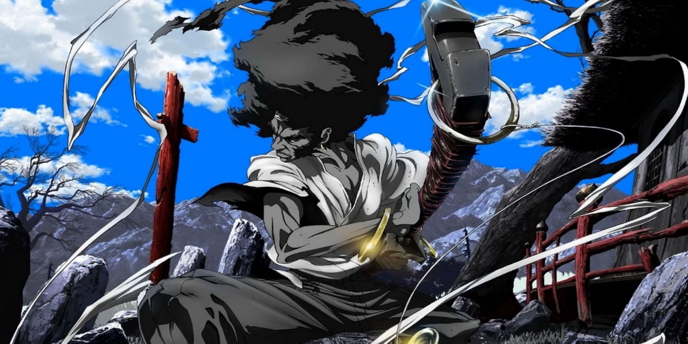 Afro Samurai drawing his sword by the temple screenshot