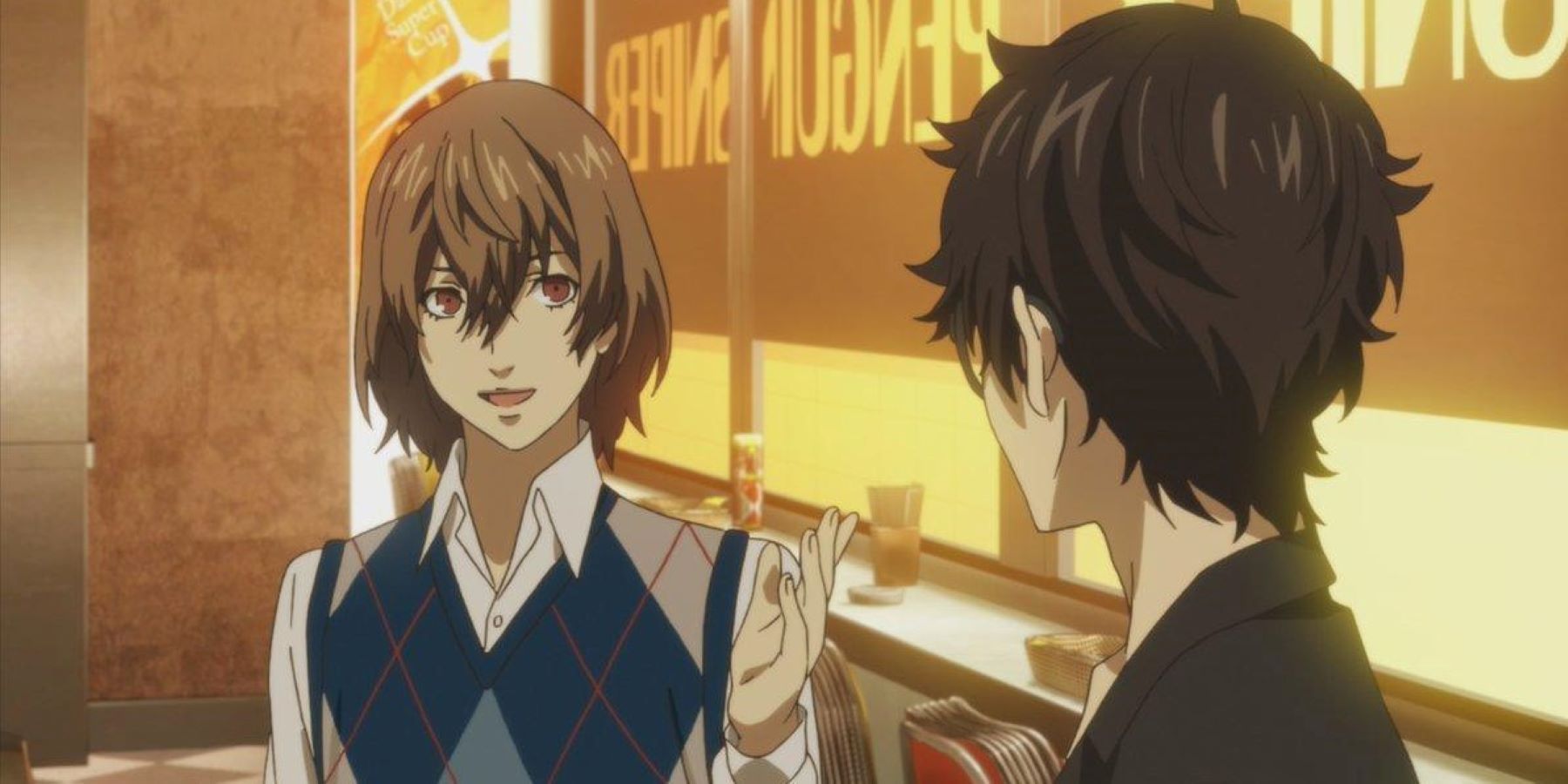 Goro Akechi and Joker chatting inside Penguin Sniper in Persona 5 the Animation