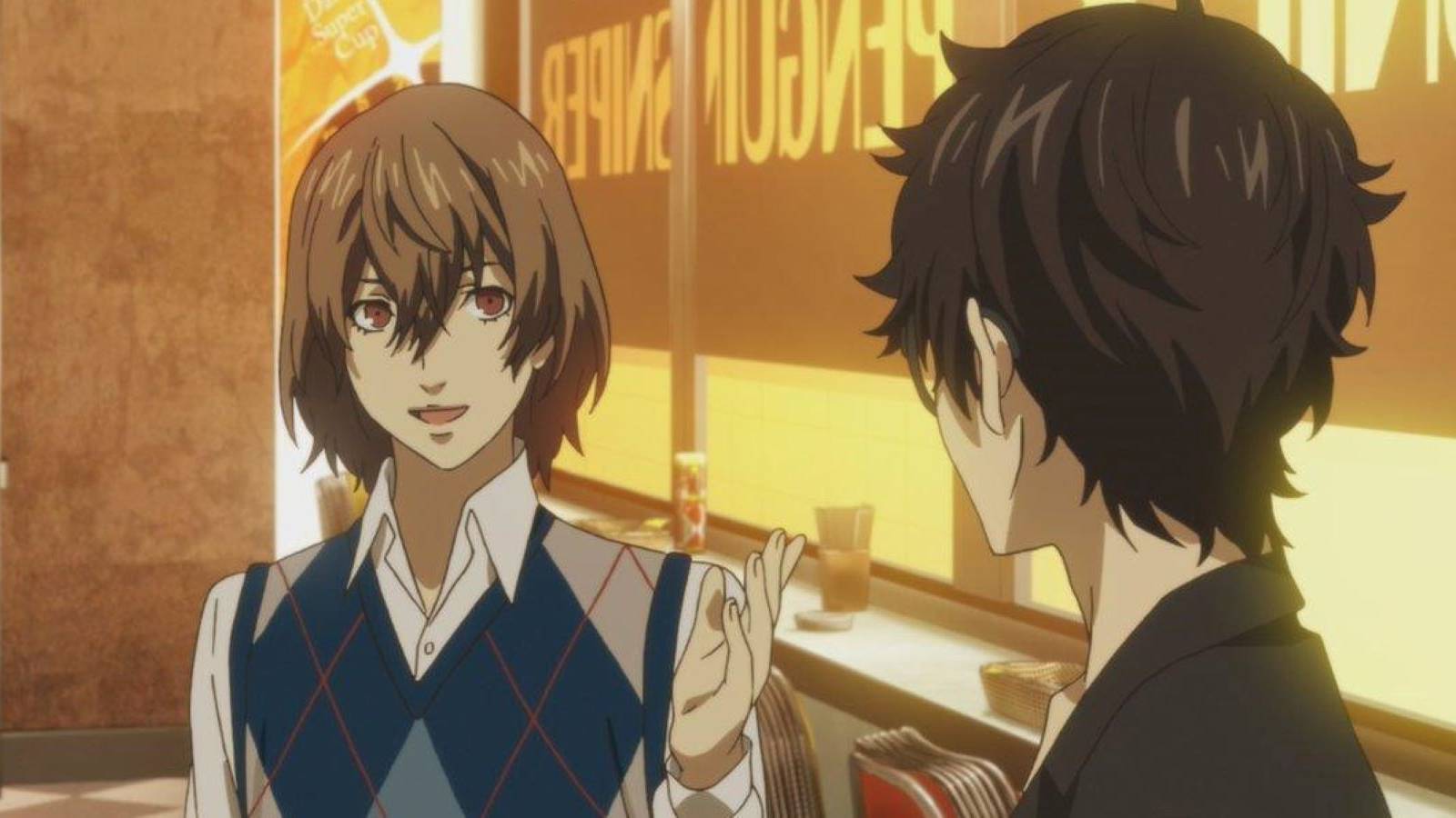 Goro Akechi and Joker chatting inside Penguin Sniper in Persona 5 the Animation