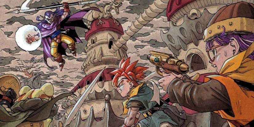 Akira Toriyama Chrono Trigger art featuring Crono, Frog, Lucca, and Magus