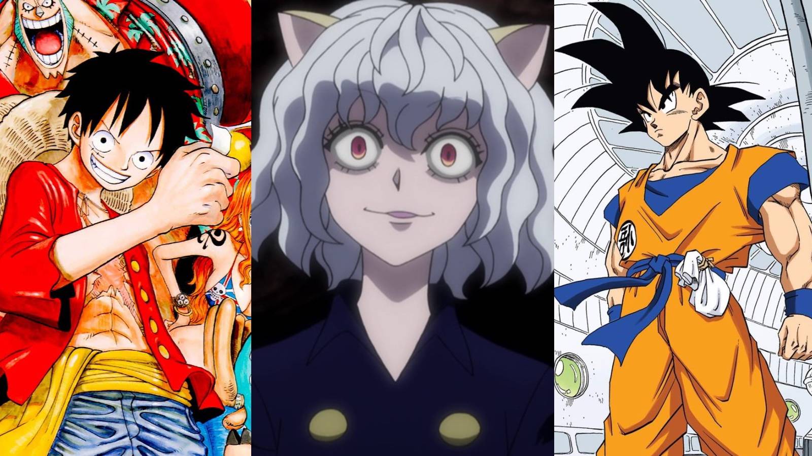 One Piece Luffy, Hunter x Hunter Pitou, and Dragon Ball Z Goku