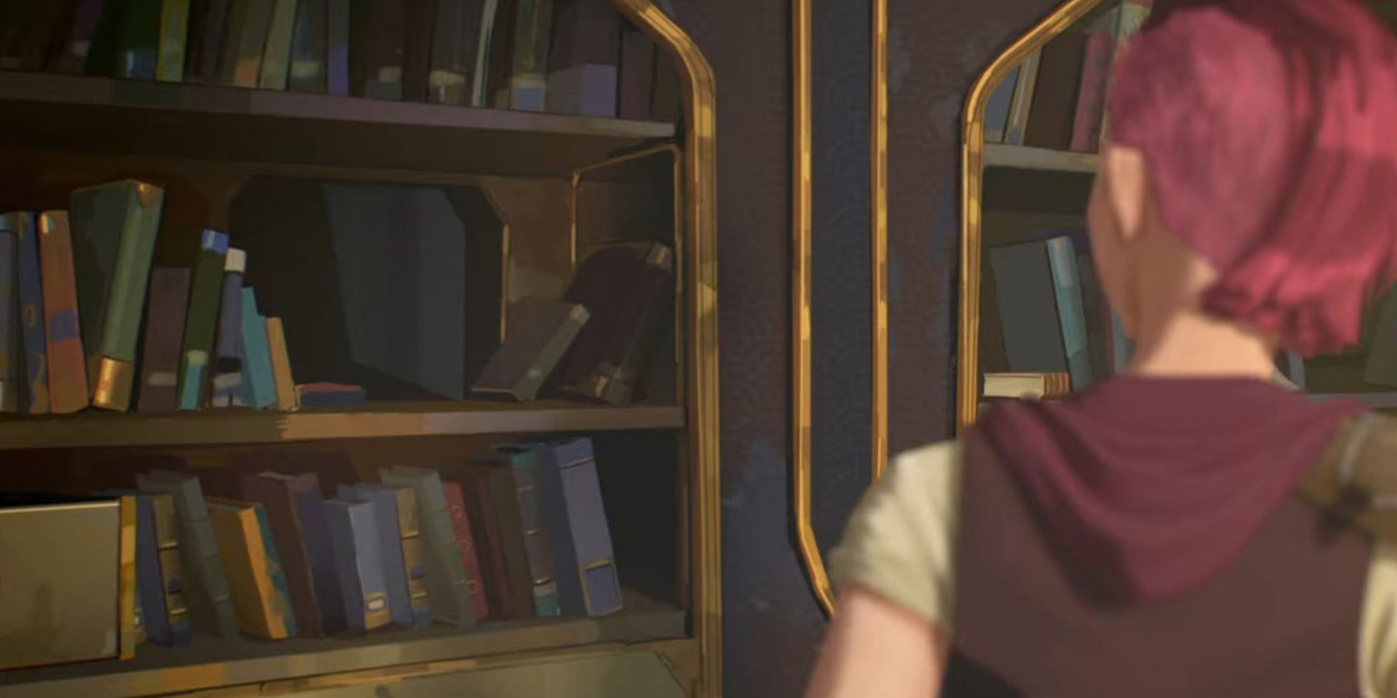 Arcane - Vi Looking At A Bookshelf That Is Obviously 2D Textures On Top Of A 3D Model