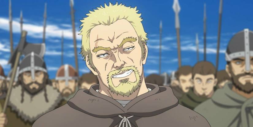 Askeladd surrounded by warriors with spears