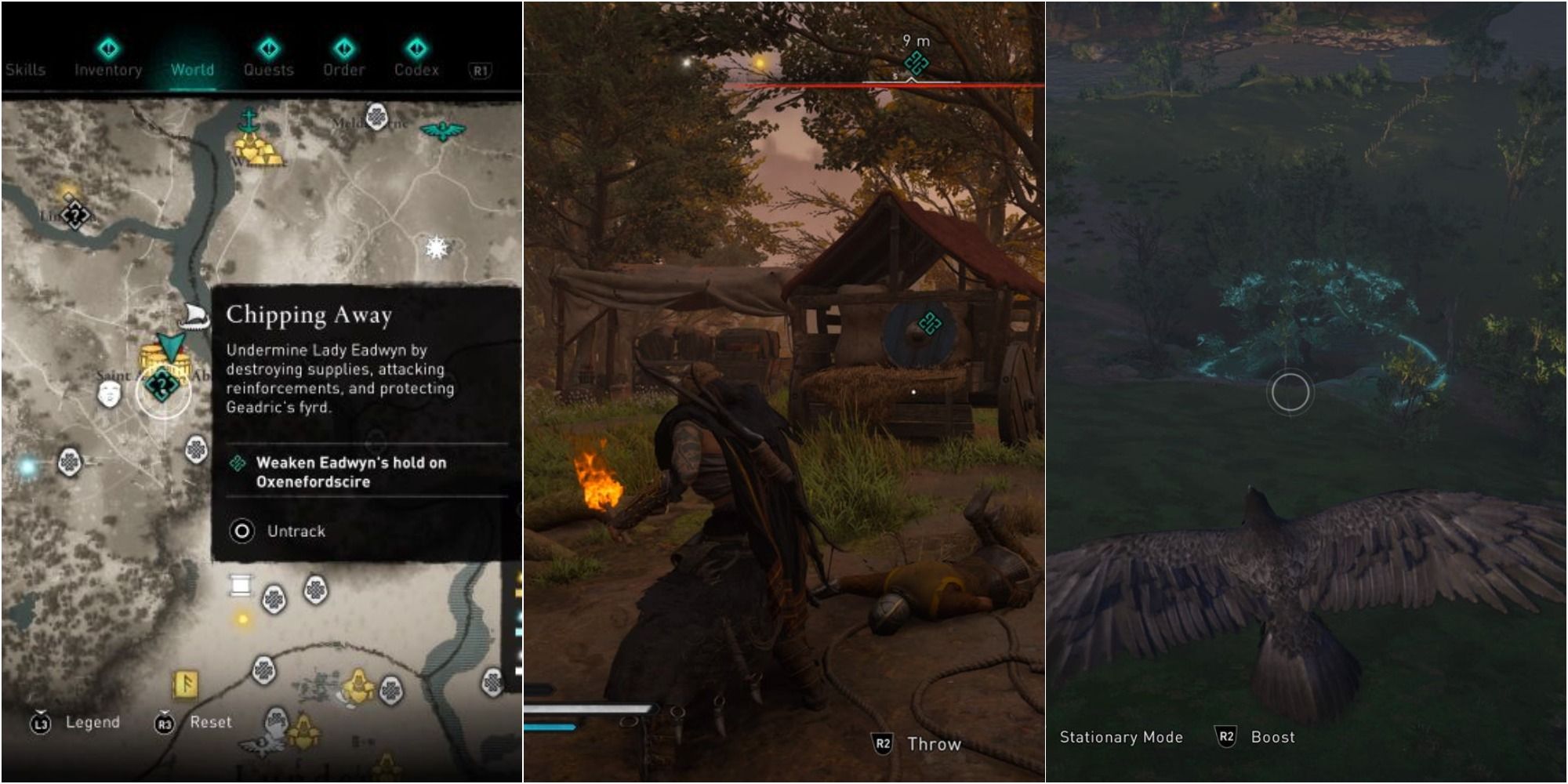 Split image of Oxenefordscire chipping away quest, Eivor with supply crate, raven in Assassin's Creed Valhalla