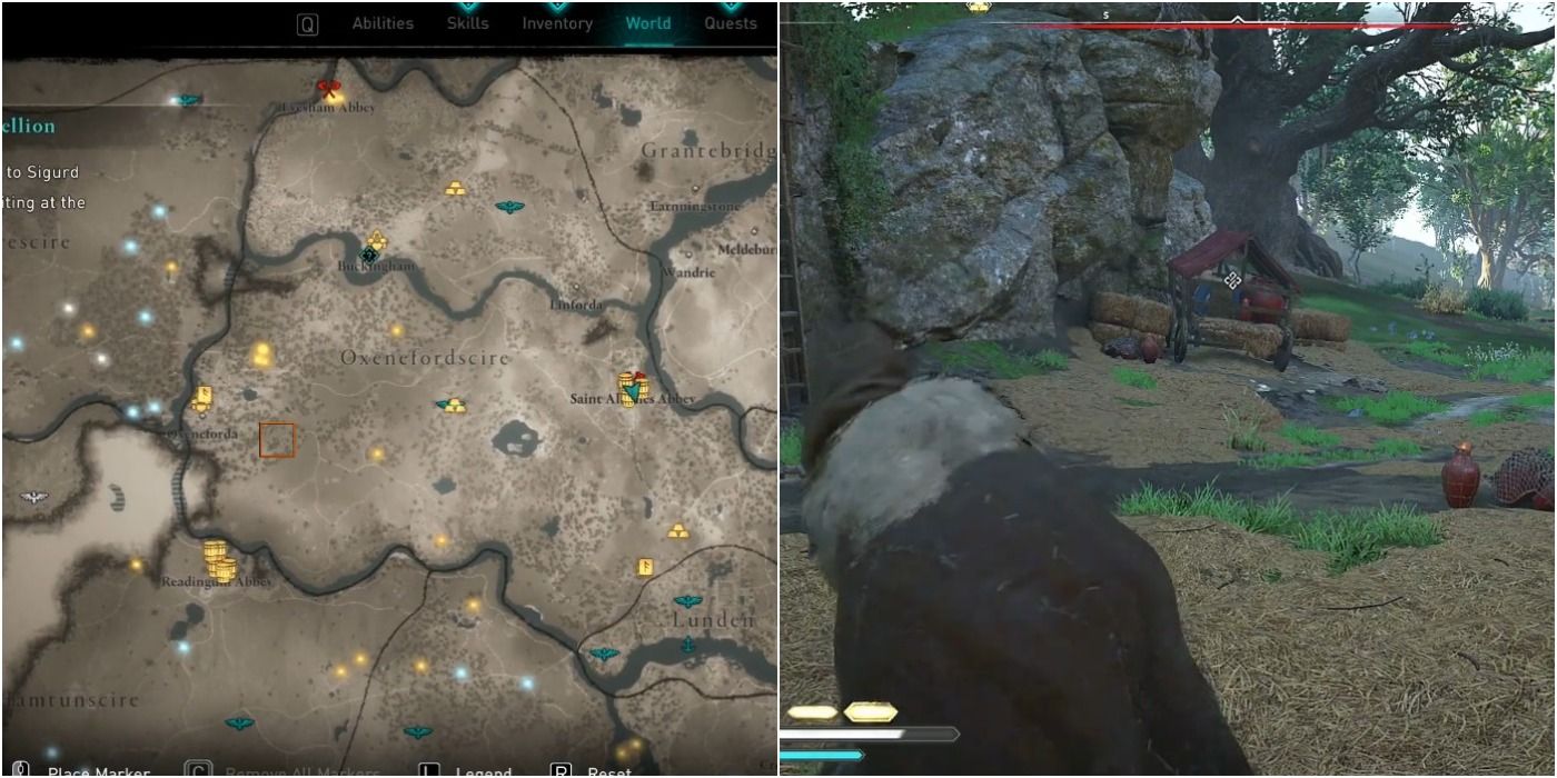 split image of Fiery Ambush quest marking on Oxenefordscire map and Eivor near supply crate road in Assassin's Creed Valhalla