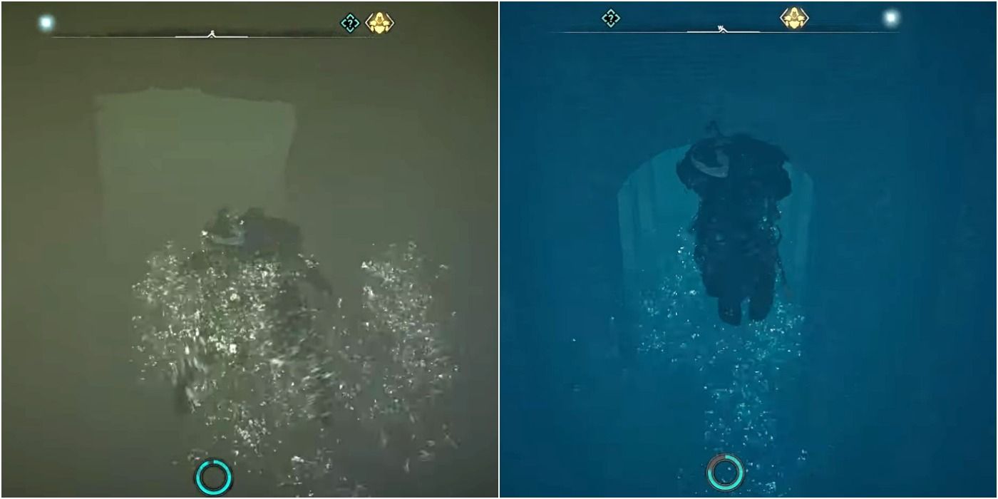 Assassin's Creed Valhalla Eivor swiming towards hidden armor in tomb split image