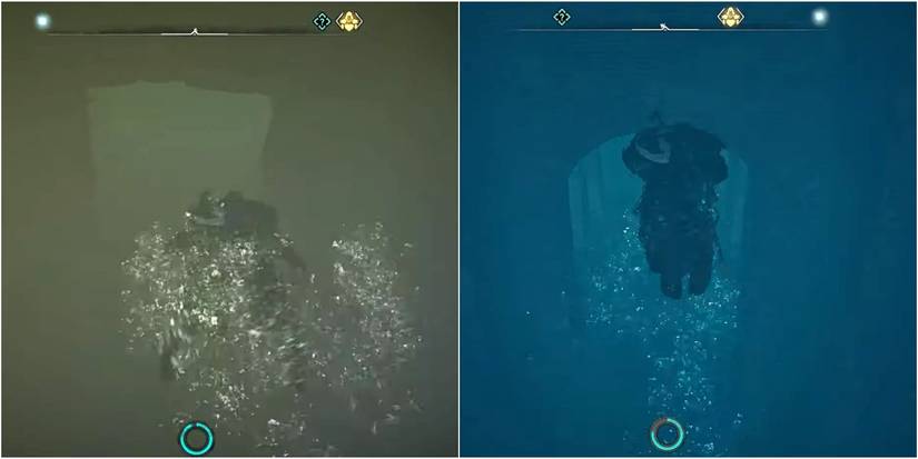 Assassin's Creed Valhalla Eivor swiming towards hidden armor in tomb split image