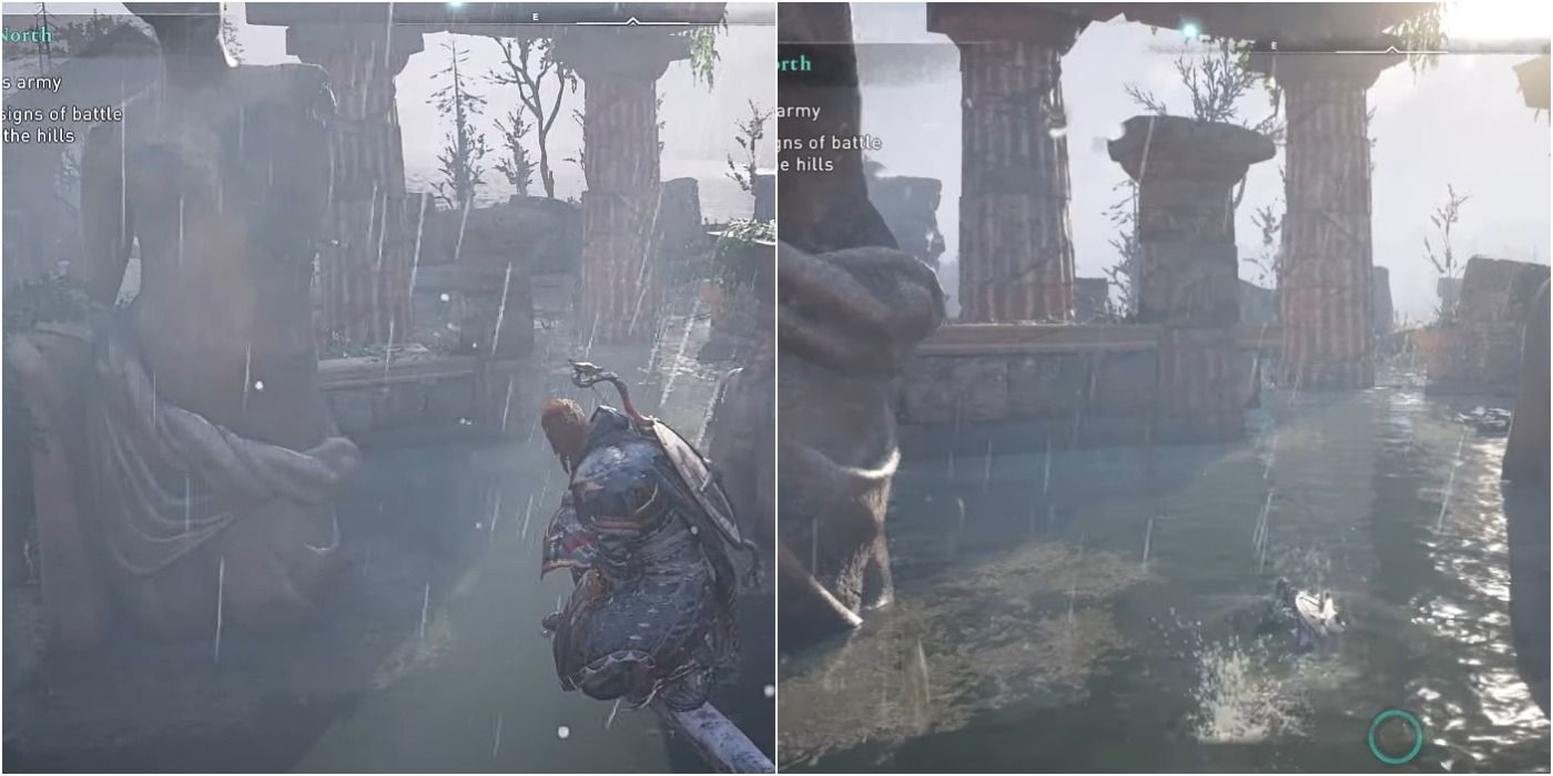 Assassin's Creed Valhalla statue courtyard ruins in the rain split image