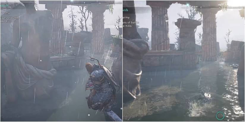 Assassin's Creed Valhalla statue courtyard ruins in the rain split image