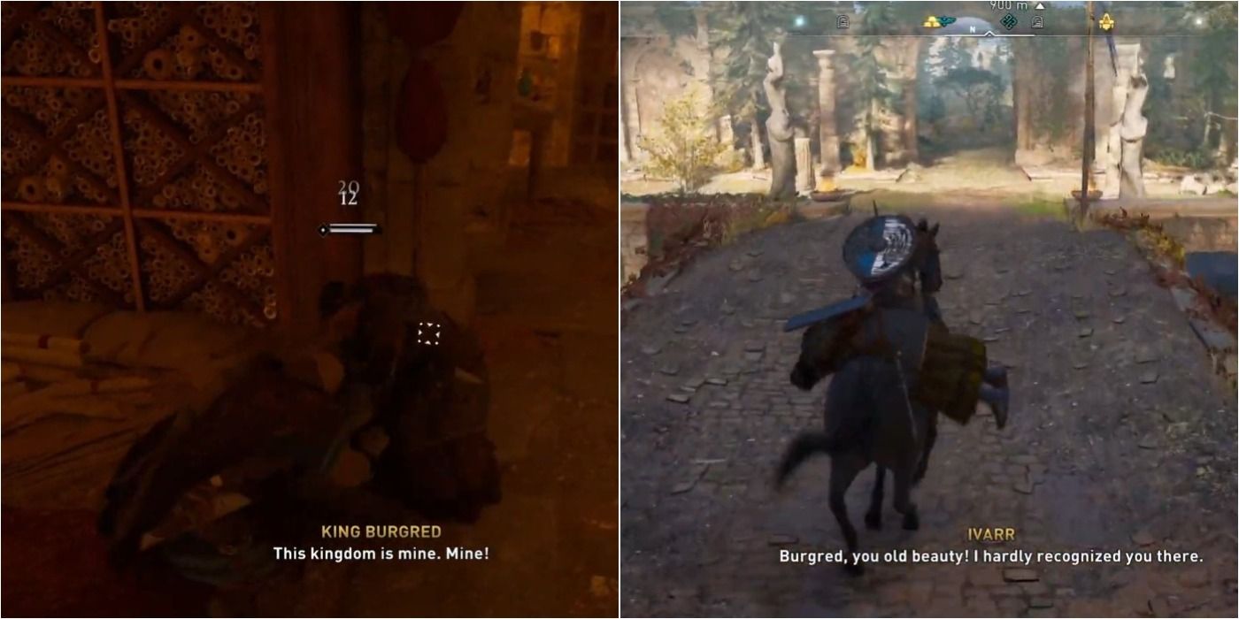 Assassin's Creed Valhalla Tilting the Balance split image of Eivor fighting Burgred and ceasing him on horseback across bridge