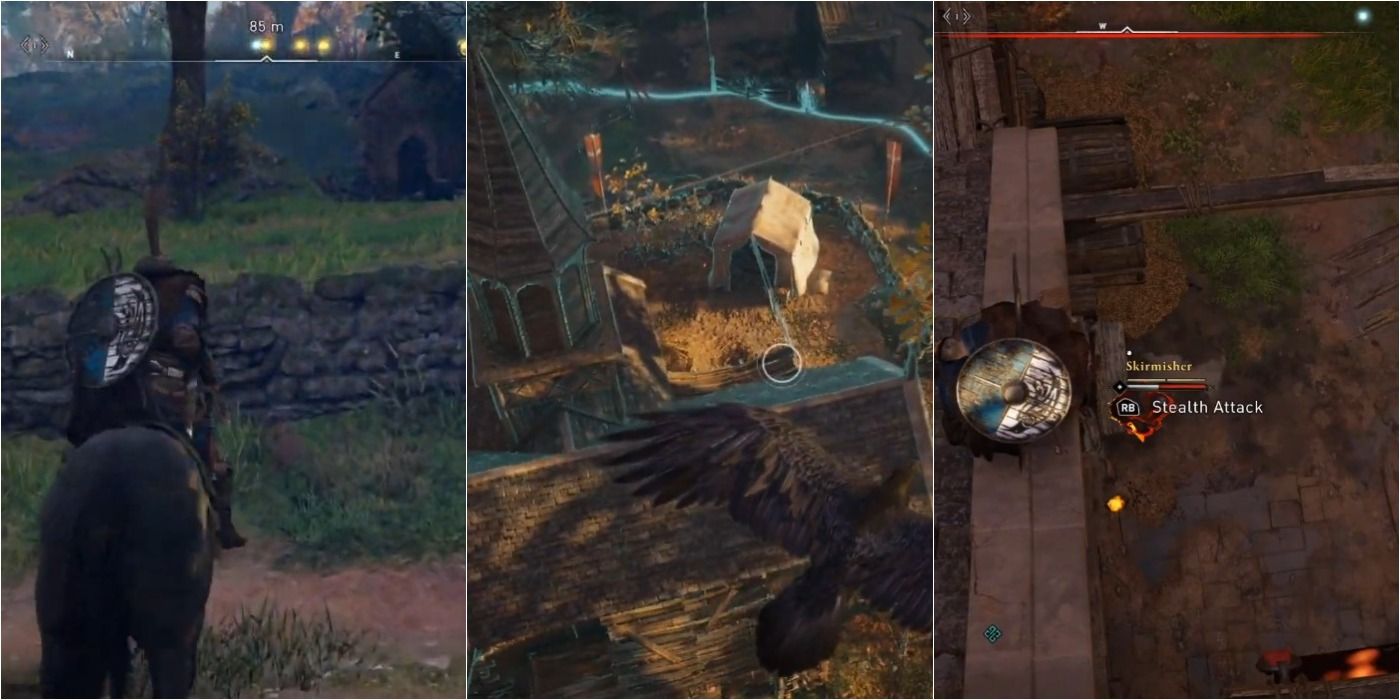 Assassin's Creed Valhalla Tilting the Balance split image of Eivor on horse, Raven and roof assassin