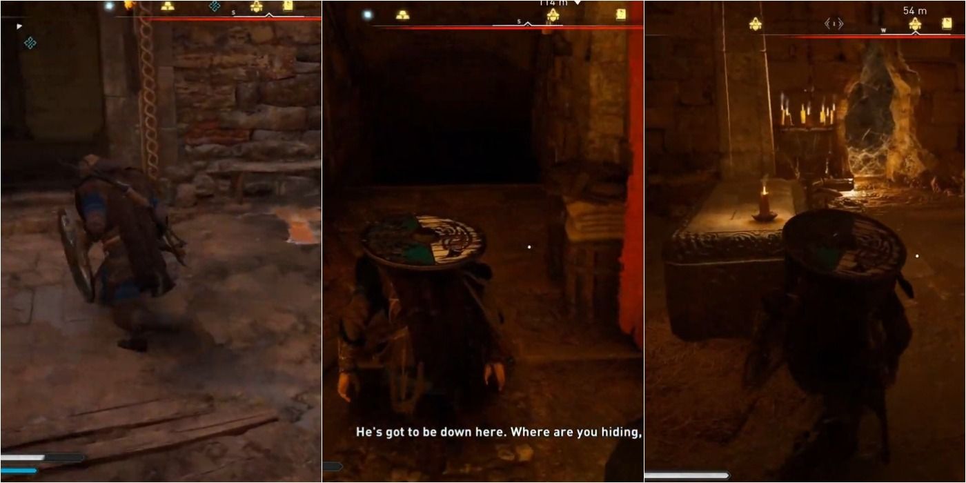 Assassin's Creed Valhalla Tilting the Balance split image of Eivor creeping through crypt